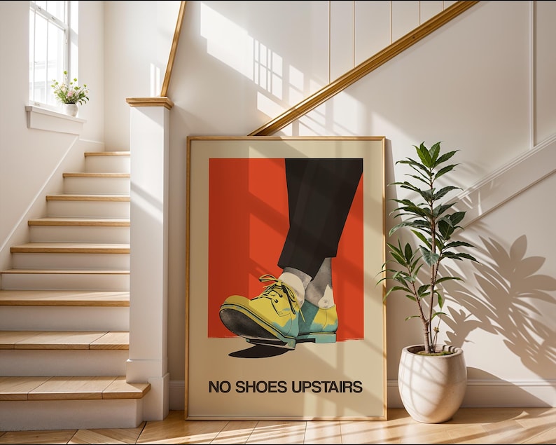 No shoes Upstairs Printable Funny Entryway Wall Art Retro Print No Shoes Inside Please Print Download Entrance Sign Retro Poster Shoes Off