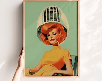 Retro Hair Salon Wall Art – 60s Vintage Woman Under Dryer Wash and Go Art, Digital Print for Salon Decor, Glam Bathroom Art Download