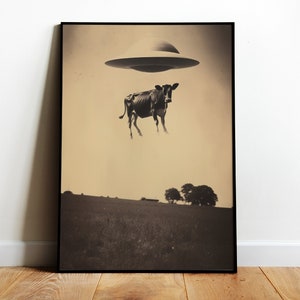 Cow Abduction Poster UFO Abduction Art Aliens Wall Art UFO Wall Art Scifi Art Print Vintage Ufo Poster Weird Alien Print Download Ufo Print
