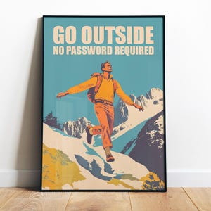 Go Outside Art Mountain Hiking Art Print Retro Style Digital Print Mountains Poster Printable Nature Art Outdoorsy Wall Print Hiker Gift