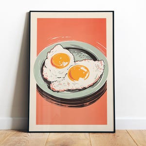 Fried Eggs Poster Digital Print Kitchen Wall Art Retro Food Art Pink Kitchen Art Breakfast Nook Wall Art Printable Cafe Art Good Morning