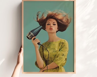 Funny Retro Hair Salon Wall Art – Vintage Woman Blow Drying Hair Print, Digital Salon Decor, Bathroom Art or Vanity Decor, Digital Print