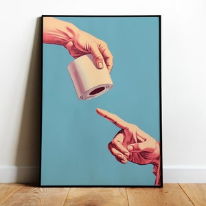Póster retro de baño con arte divertido para la pared, impresión de baño azul y rosa, arte de pared maximalista, póster de papel higiénico con rollo, impresión artística de la mano de Dios