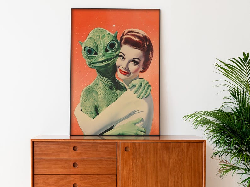 Aliens Wall Art Printable Alein Love Art Vintage Sci Fi Poster Alien Art Print Weird Print Retro Funny Poster Maximalist Wall Art Digital