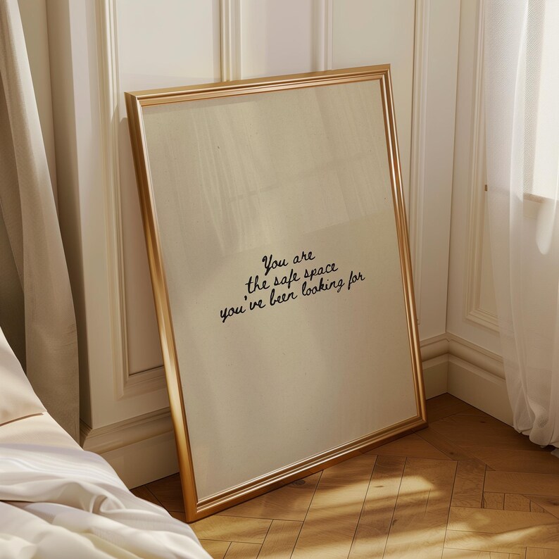 Minimalist typography on a beige background with the text: "This is a safe space, you are allowed to be yourself here."