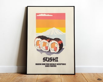 Retro Sushi Impresión Japonesa Comida Cartel Divertido Cocina Pared Arte Sushi Cartel Comida Asiática Cartel Rollo Impresión Minimalista Digital Cocina Arte