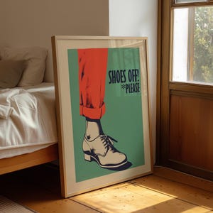 Retro vibe art print for your entrence decor, narrow hallway decor for any shoe free house, "Shoes off please", bright poster.