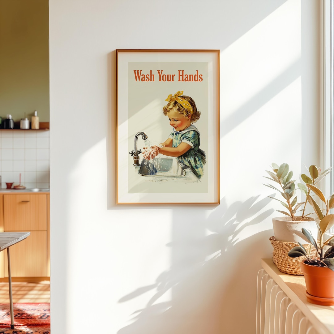 Wash Your Hands Art Retro Educational Poster Kids Bathroom Art ...