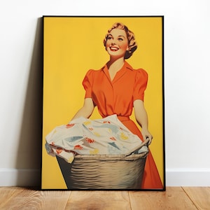 Wäscherei Wandkunst Retro Hausfrau Kunst Vintage 50er Jahre Wäsche Wäsche Tag Kunstdruck Retro Badezimmer Wandkunst Lustiger Wäscherei Print Allzweckraum Kunst