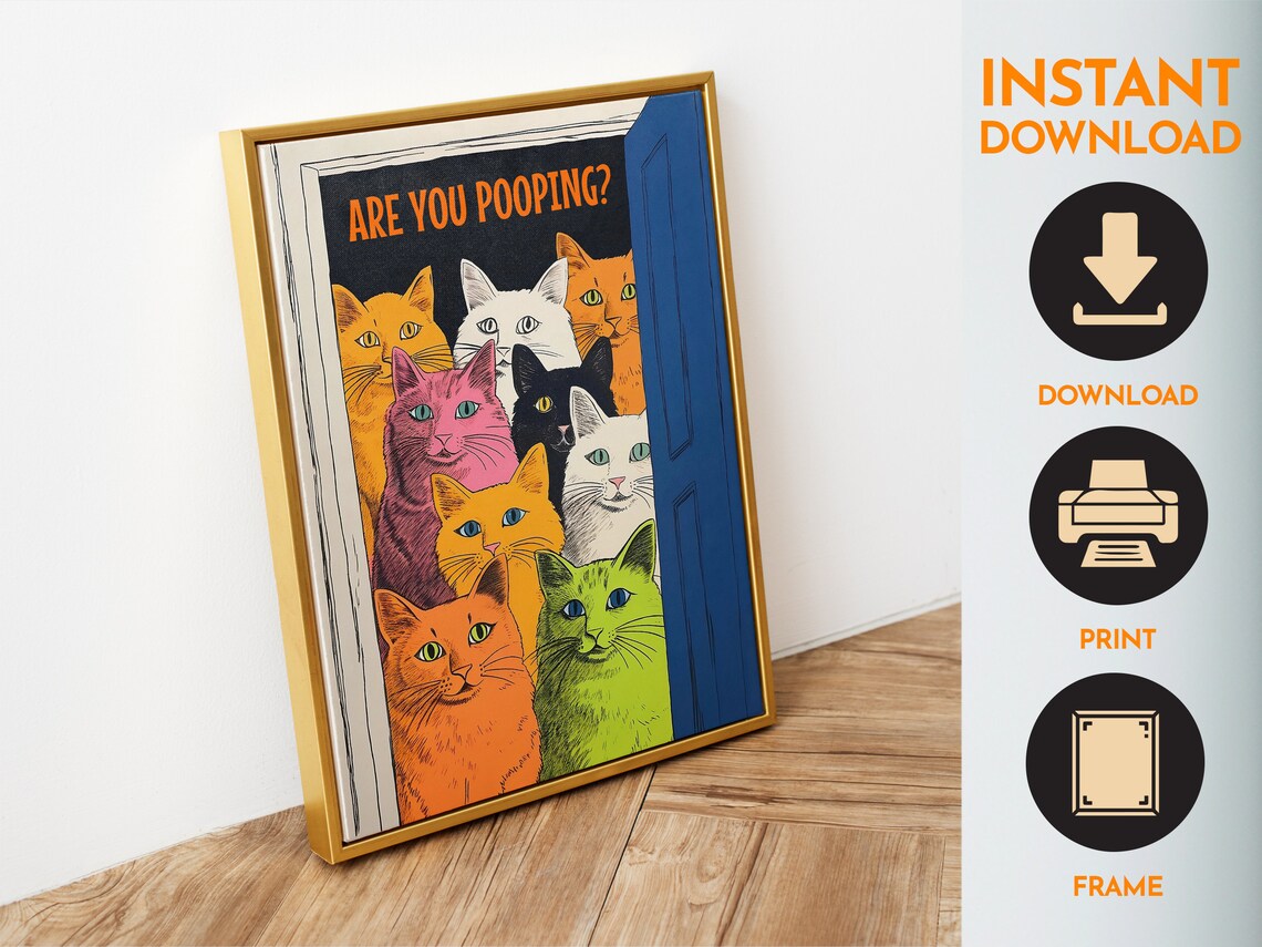 Are You Pooping Print Bathroom Wall Art Cat Bathroom Prints Toilet Poster Funny Wall Art Cartoon ...