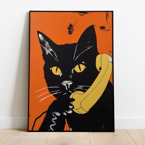 Cat On The Phone Retro Poster Funny Cat Print Vintage Colorful Cat Print Black Cat Poster Download Cat Mom Poster Instant image 1