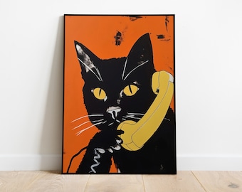 Cat On The Phone Retro Poster Funny Cat Print Vintage Colorful Cat Print Black Cat Poster Download Cat Mom Poster Instant