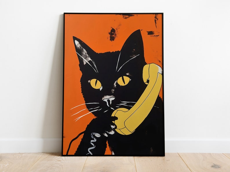 Cat On The Phone Retro Poster Funny Cat Print Vintage Colorful Cat Print Black Cat Poster Download Cat Mom Poster Instant image 1