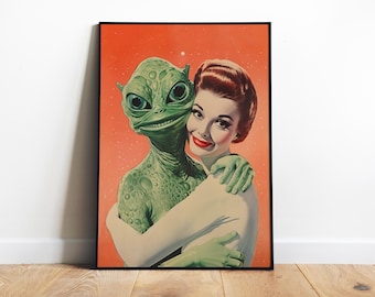 Aliens Wall Art Printable Alein Love Art Vintage Sci Fi Poster Alien Art Print Weird Print Retro Funny Poster Maximalist Wall Art Digital