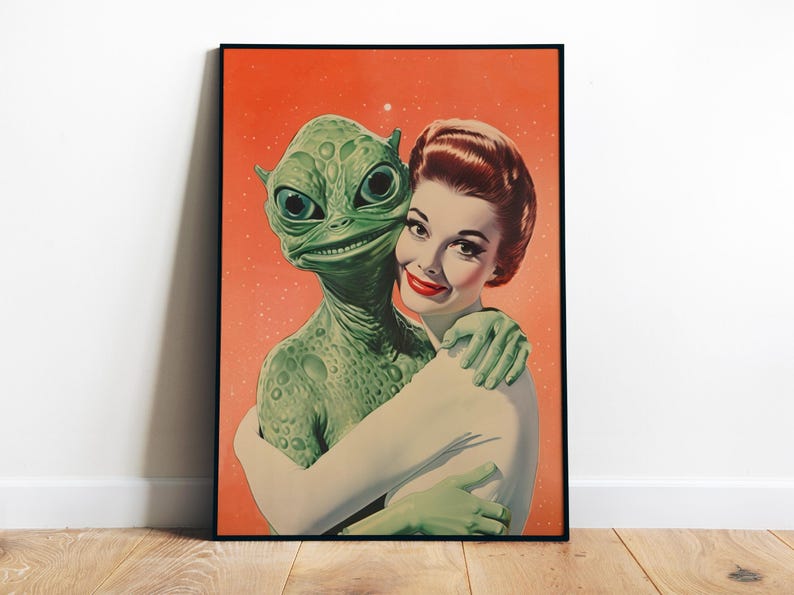 Aliens Wall Art Printable Alein Love Art Vintage Sci Fi Poster Alien Art Print Weird Print Retro Funny Poster Maximalist Wall Art Digital