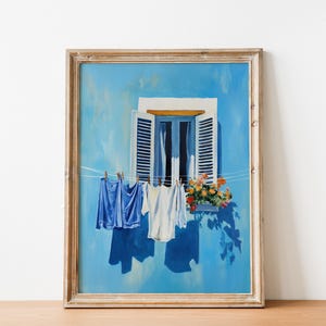 Blue Laundry Art Digital Print Utility Room Art Colourful Italy Art Farmhouse Wash Art Wash Room Decor Clotheline Art Hanging Laundry Print