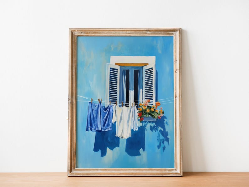Blue Laundry Art Digital Print Utility Room Art Colourful Italy Art Farmhouse Wash Art Wash Room Decor Clotheline Art Hanging Laundry Print