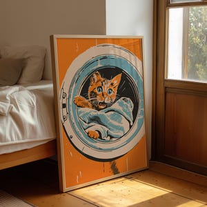 Midcentury modern illustration of a ginger cat inside a washing machine on an orange background, Utility Room or laundry room decor, laundry day poster, funny cat art, housewarming gift, mom gift idea.
