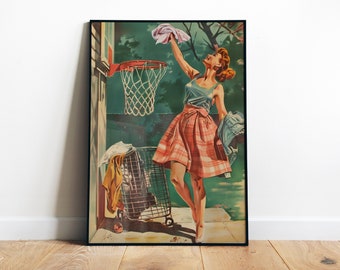 Laundry Room Print for Utility Room Printable Funny Posters Laundry Day Print Retro Housewife Funny Digital Print Laundry Basketball Poster