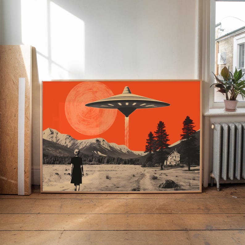 Vintage-style desert scene with a woman facing a hovering UFO near a small house, designed as a UFO poster with retro sci fi art and alien invasion art appeal.