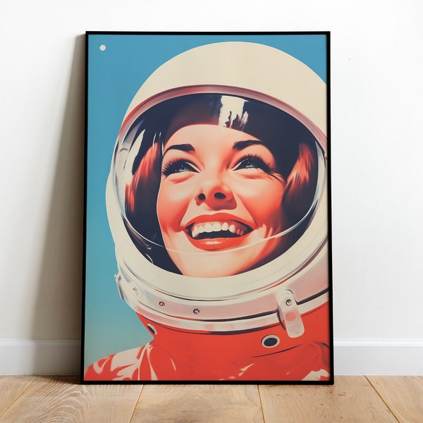 Retro Female Astronaut Print Scifi Art Print Space Poster Female Astronaut Poster Space Travel Poster Vintage Astronaut Poster