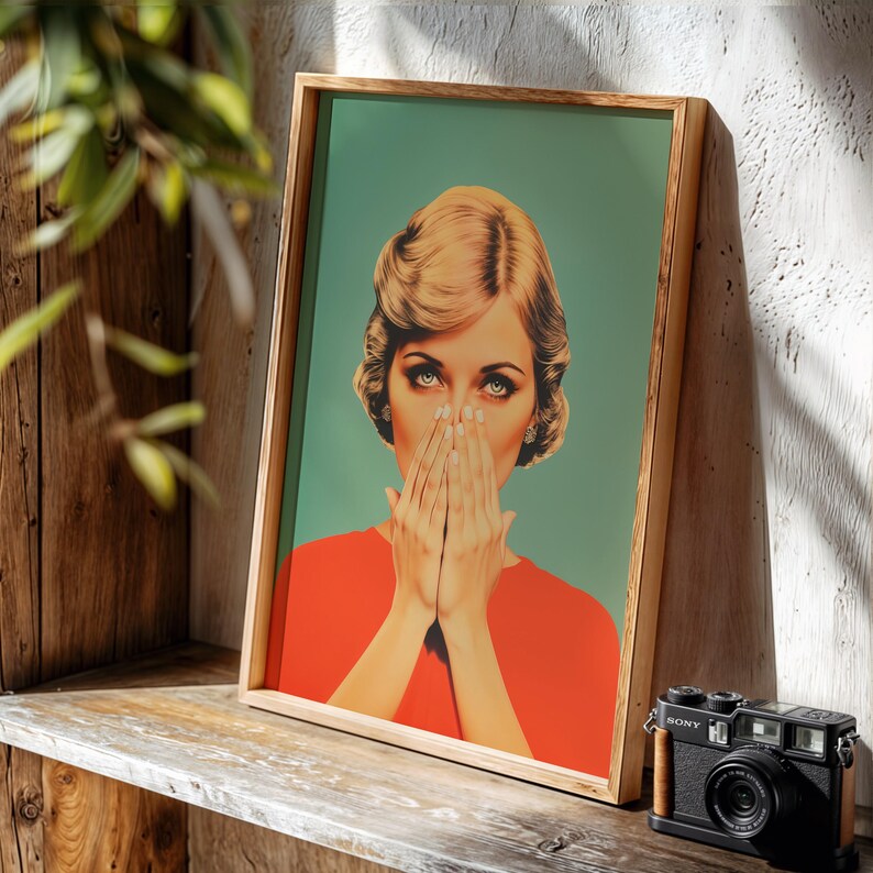 digital illustration of a retro 1950s style woman with blonde hair and blue eyes, wearing a vibrant red top against a teal background. She is holding her hands over her nose with a humorous, shocked expression, perfect for funny bathroom wall decor.
