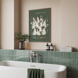Illustration of a shouting seagull flock — seagull print, funny bathroom art, toilet wall art, sea bird decor.