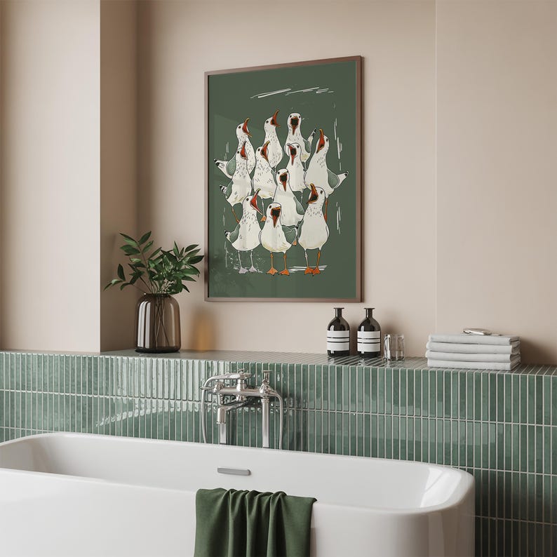 Illustration of a shouting seagull flock — seagull print, funny bathroom art, toilet wall art, sea bird decor.