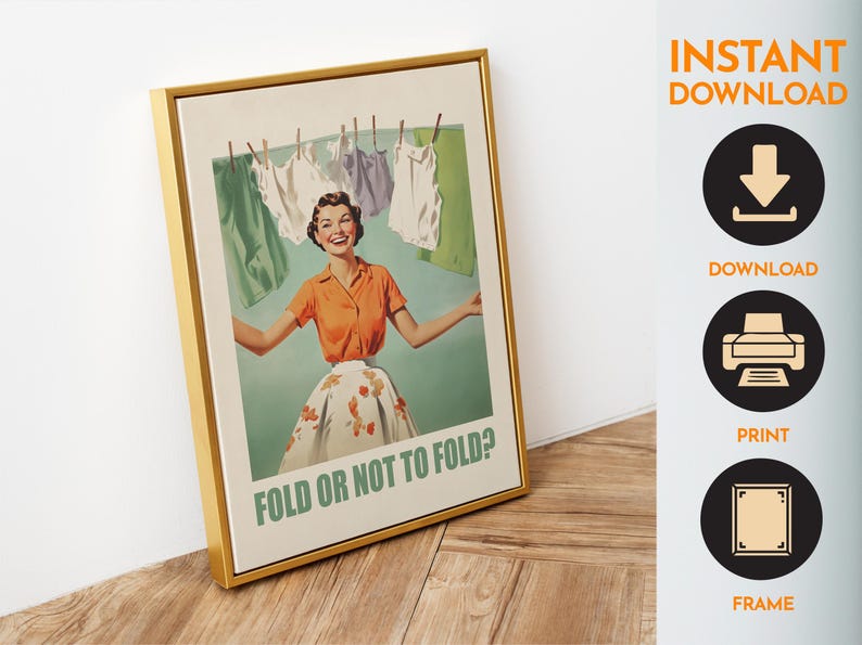 Fold or Not to Fold Wash Room Art Utility Room Decor Retro Fun Green Laundry Print Download Laundry Wall Decor Funny Retro Print Washing Art