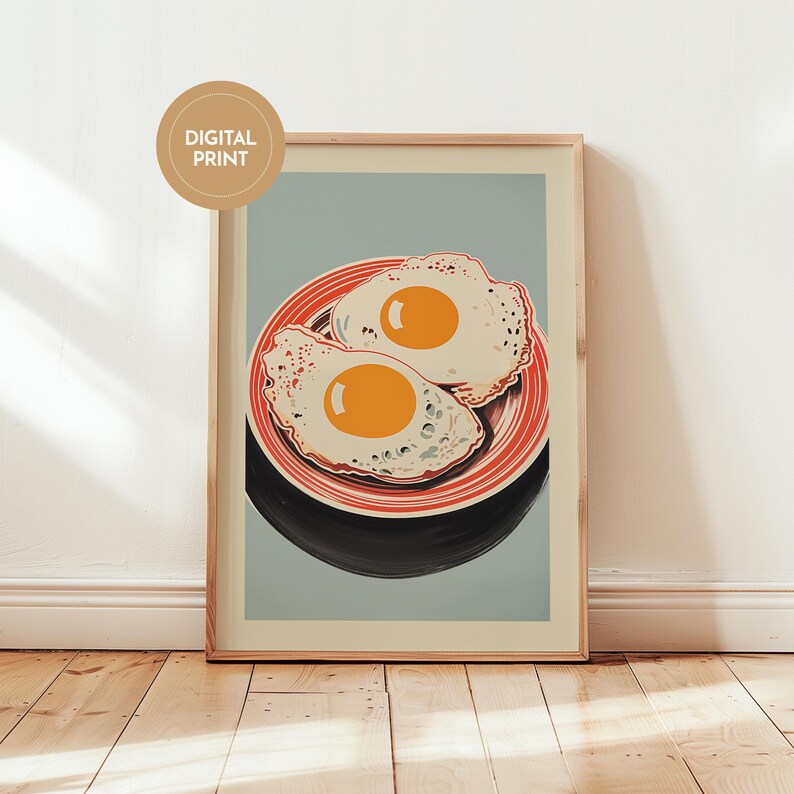 Digital illustration of two fried eggs on a red striped plate with a blue background, styled as mid mod kitchen and pop art egg decor for quirky breakfast wall art.