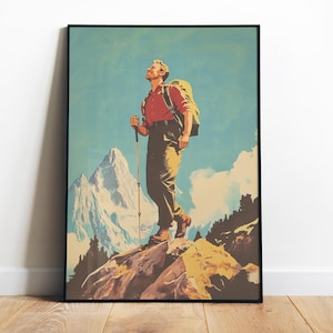 Hiking Art Print Retro Style Digital Print Mountains Poster Printable Nature Art Outdoorsy Wall Print Camping Art Inspirational Mountain Art
