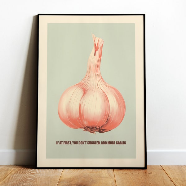 Knoflookprint Plantaardige print Retro keukenprint Keukenmuurkunst Vegetarische posters Veganistische prints Grappige poster dineren Blauwe en roze print