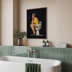 Funny retro style black and yellow toilet wall art with a retro pin-up lady sitting on a toilet, designed as funny bathroom art for restroom wall decor. Funny bathroom decor idea, mast have for your bathroom decor.