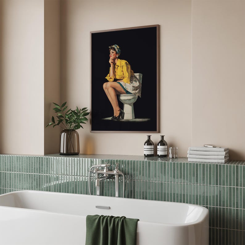 Funny retro style black and yellow toilet wall art with a retro pin-up lady sitting on a toilet, designed as funny bathroom art for restroom wall decor. Funny bathroom decor idea, mast have for your bathroom decor.