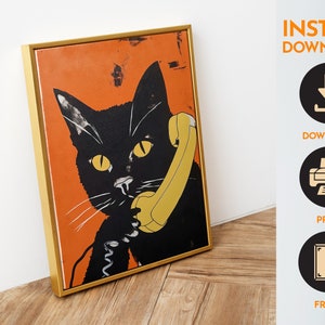 Cat On The Phone Retro Poster Funny Cat Print Vintage Colorful Cat Print Black Cat Poster Download Cat Mom Poster Instant image 2