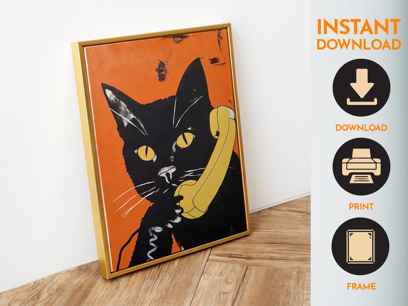 Cat On The Phone Retro Poster Funny Cat Print Vintage Colorful Cat Print Black Cat Poster Download Cat Mom Poster Instant image 2