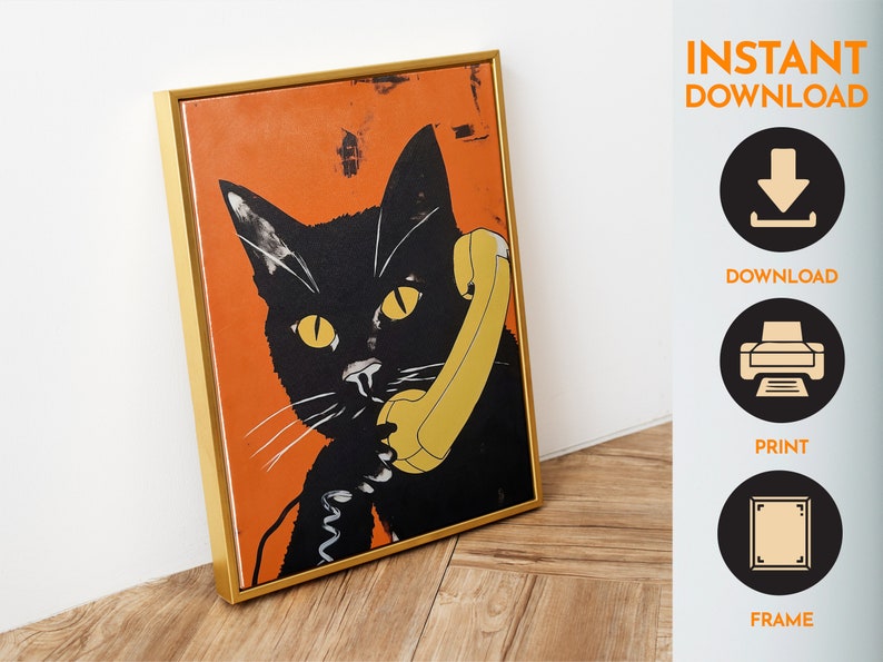 Retro Black Cat on Phone Art Print: Funny Maximalist Decor (digital ...