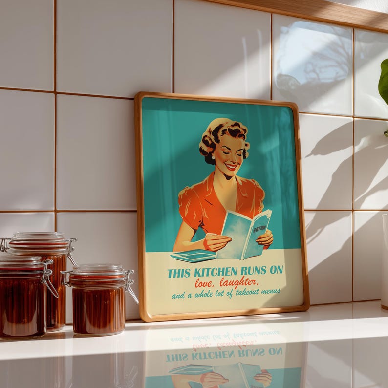 Digital print of 1950s retro housewife art in midcentury kitchen setting, atomic age decor style, kitschy relatable print for apartment decor wall art.