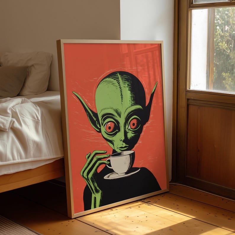 Retro Alien Coffee Art Print: Funny Sci-fi Kitchen Decor (digital ...