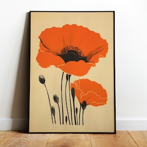 Póster de amapola roja imprimible, arte vintage de amapolas, impresión retro, póster botánico, impresión de flores de amapola, impresiones digitales estéticas bohemias minimalistas