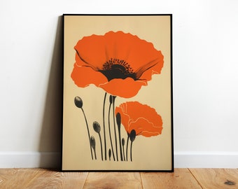 Red Poppy Poster Printable Vintage Poppies Art Retro Print Botanical Poster Poppy Flower Print Minimalistic Boho Aesthetic Digital Prints