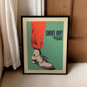 Retro vibe art print for your entrence decor, narrow hallway decor for any shoe free house, "Shoes off please", bright poster.