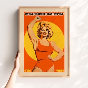 Retro gym art featuring an 80s style woman in an orange bodysuit flexing. Vibrant yellow sun background with the text Sweat Sparkle Slay Repeat. Maximalist dopamine decor for home gym walls.