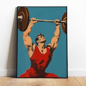 Retro Gym Poster Printable Gym Wall Art Fitness Poster Heavy lifting Art Bodybuilder Art Digital Print Blue Red Gym Poster Motivation Art