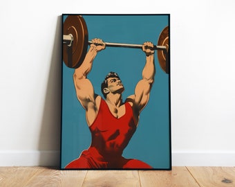 Retro Gym Poster Printable Gym Wall Art Fitness Poster Heavy lifting Art Bodybuilder Art Digital Print Blue Red Gym Poster Motivation Art