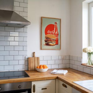 Retro burger and Coca-Cola bottle illustration with red circle background — coca cola poster, vintage coke poster, retro food art, 1950s wall decor.