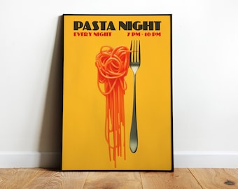 Pasta Night Poster Italian Food Wall Art Spaghetti Print Pasta Lover Art Print Retro Pasta Poster Print Kitchen Wall Art Cafe Prints Retro