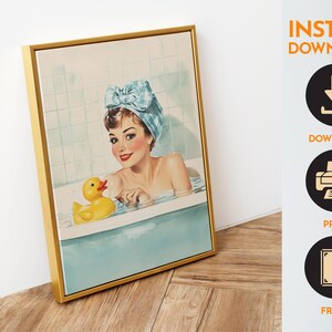 Retro Bathroom Wall Art Printable Bath Time Print Yellow Rubber Duck ...