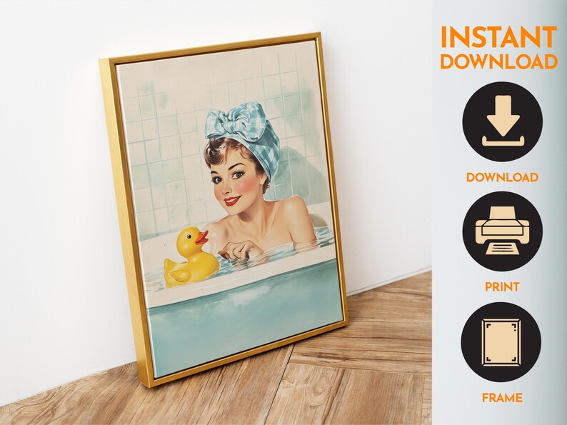 Retro Bathroom Wall Art Printable Bath Time Print Yellow Rubber Duck ...