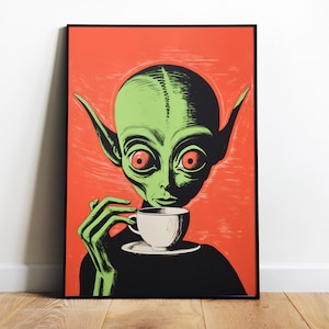 Alien Art Print Alien Drinking Coffee Wall Art Funny Retro Prints Kitchen Poster Coffee Shop Art Maximalist Wall Art Retro Scifi Art Digital